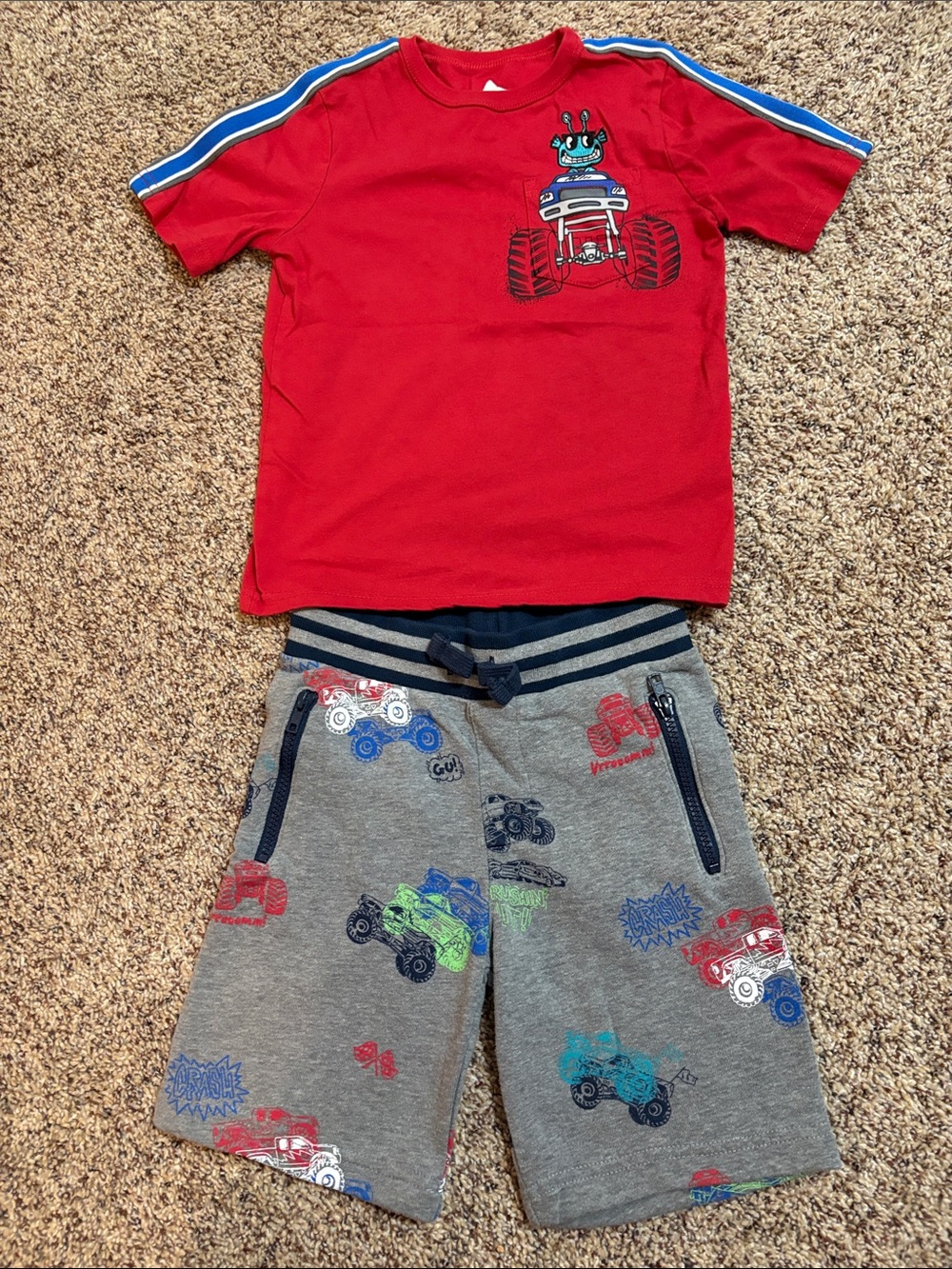 Red Monster Truck Tee and Gray Truck-Print Shorts Matching Set - Kids